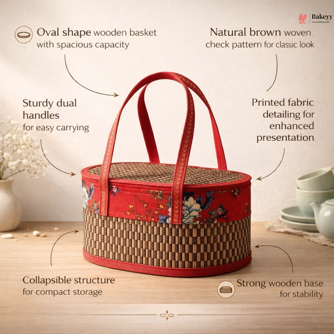 Brown Wooden Oval Basket with Red Handle | Collapsible Woven Gift Basket | Floral Fabric Design | Pack of 1 - Image 5