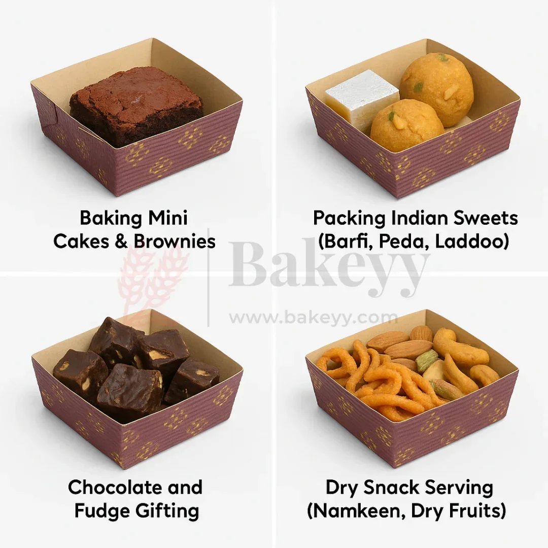 Brownie Bake N Serve Paper Trays | Floral Print Square Cups in Brown for Elegant Baking & Serving | Pack of 50 - Image 3