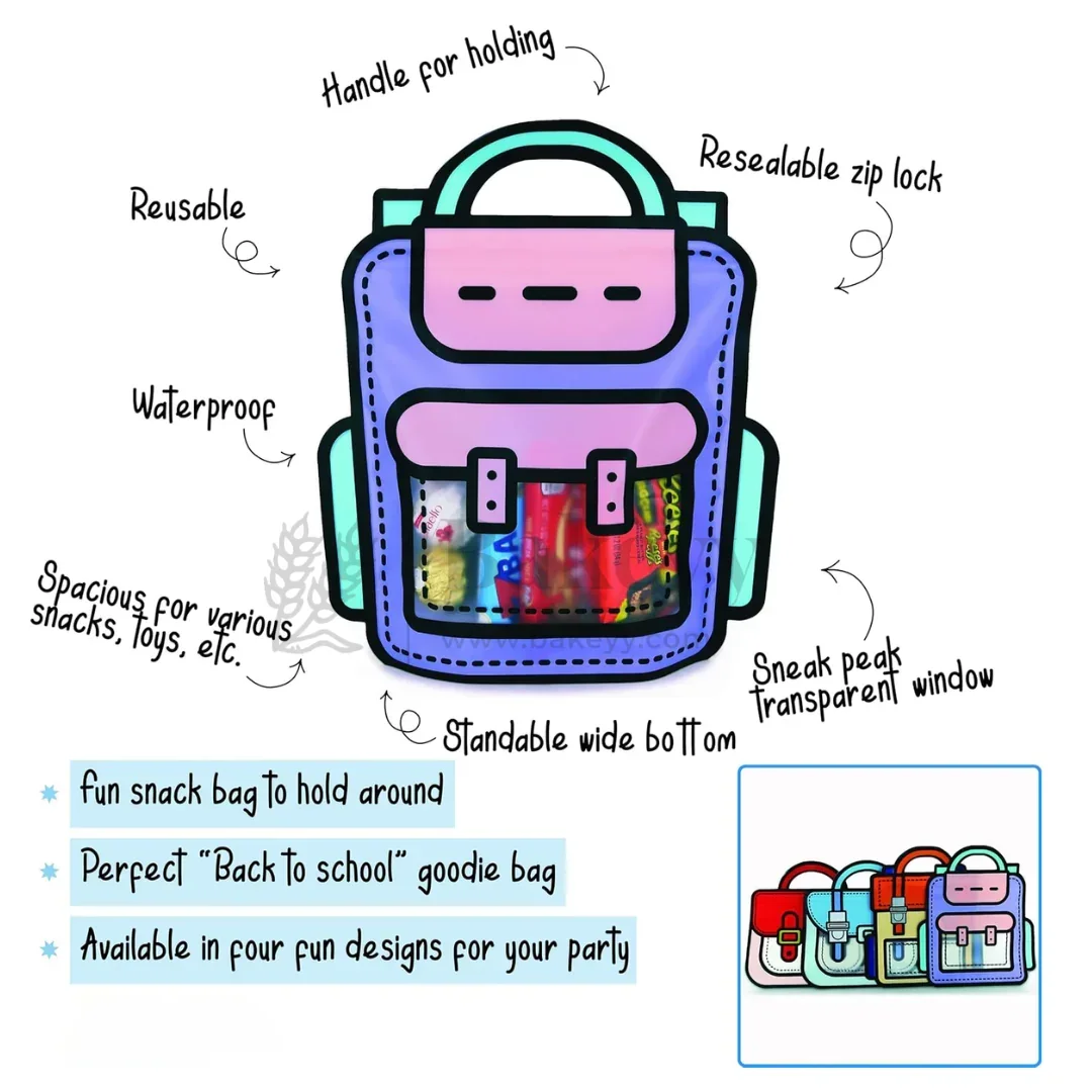 Cartoon Backpack Zip Lock Pouch | Blue | Treat Storge Bag for Birthday | Fancy Zip lock pouches | Pack of 50 - Image 3