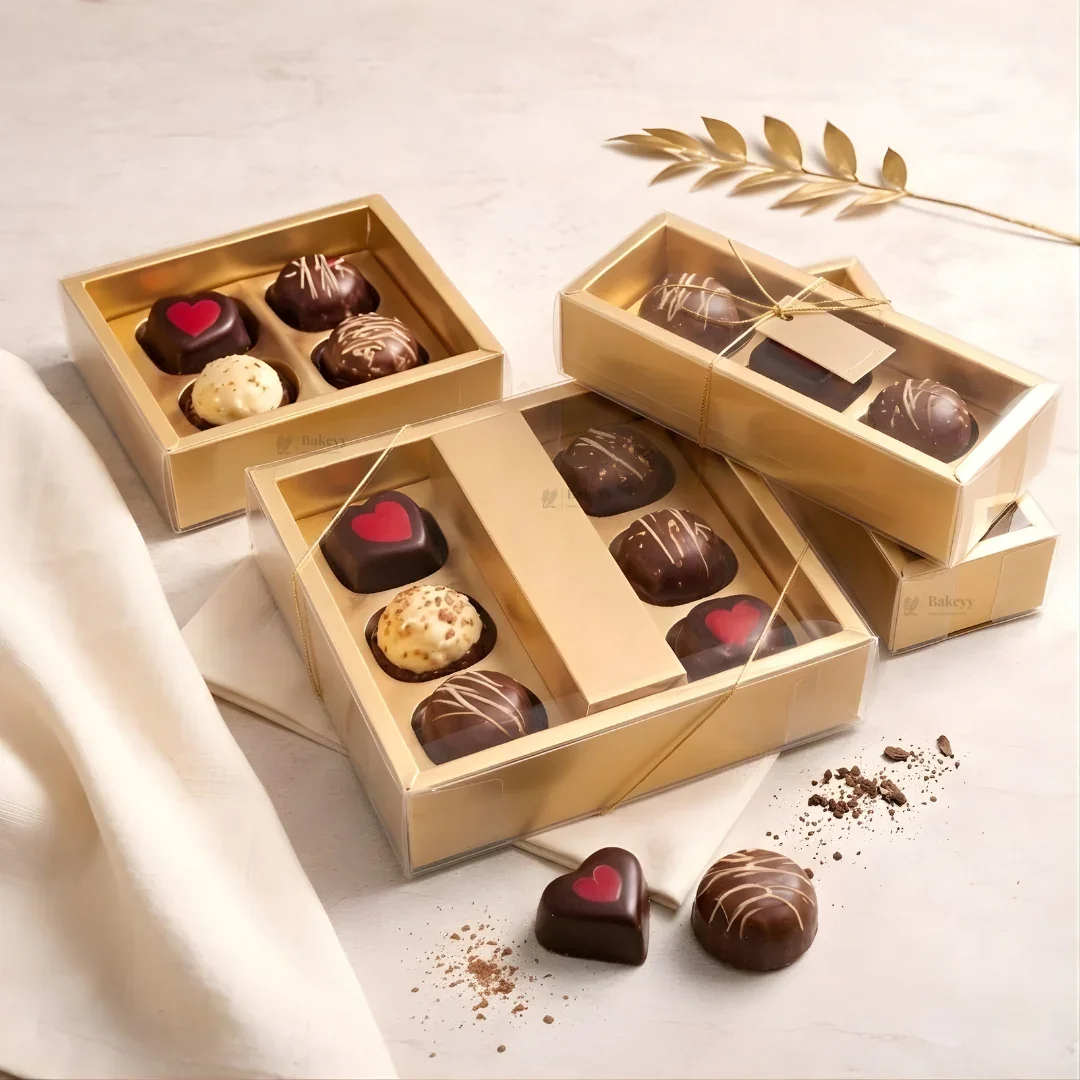 Chocolate Gift Box with PVC Cover & Cavity Tray | Gold Color | Premium Chocolate Packaging Box | Multiple Capacities Available | Pack of 20