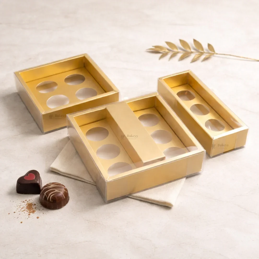 Chocolate Gift Box with PVC Cover & Cavity Tray | Gold Color | Premium Chocolate Packaging Box | Multiple Capacities Available | Pack of 20 - Image 3