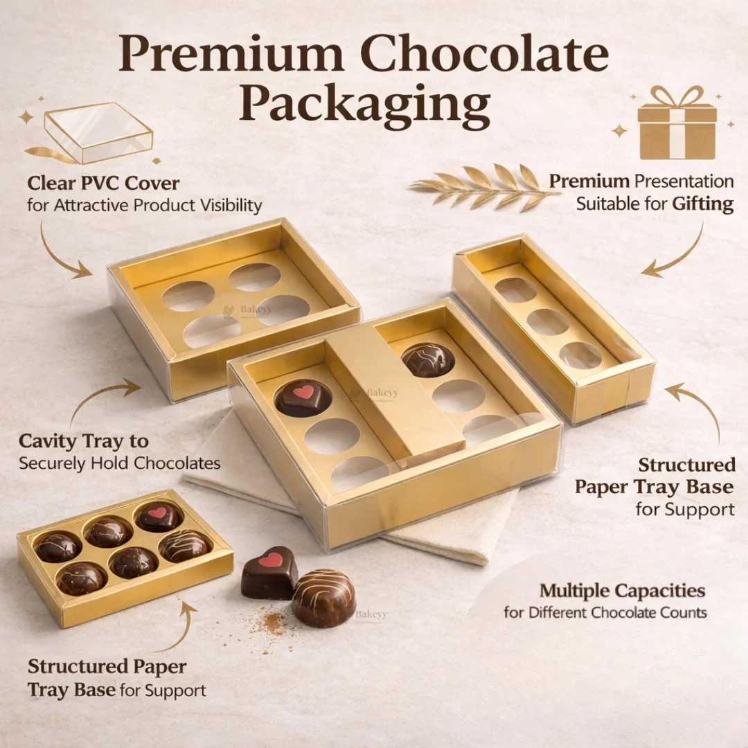 Chocolate Gift Box with PVC Cover & Cavity Tray | Gold Color | Premium Chocolate Packaging Box | Multiple Capacities Available | Pack of 20 - Image 4