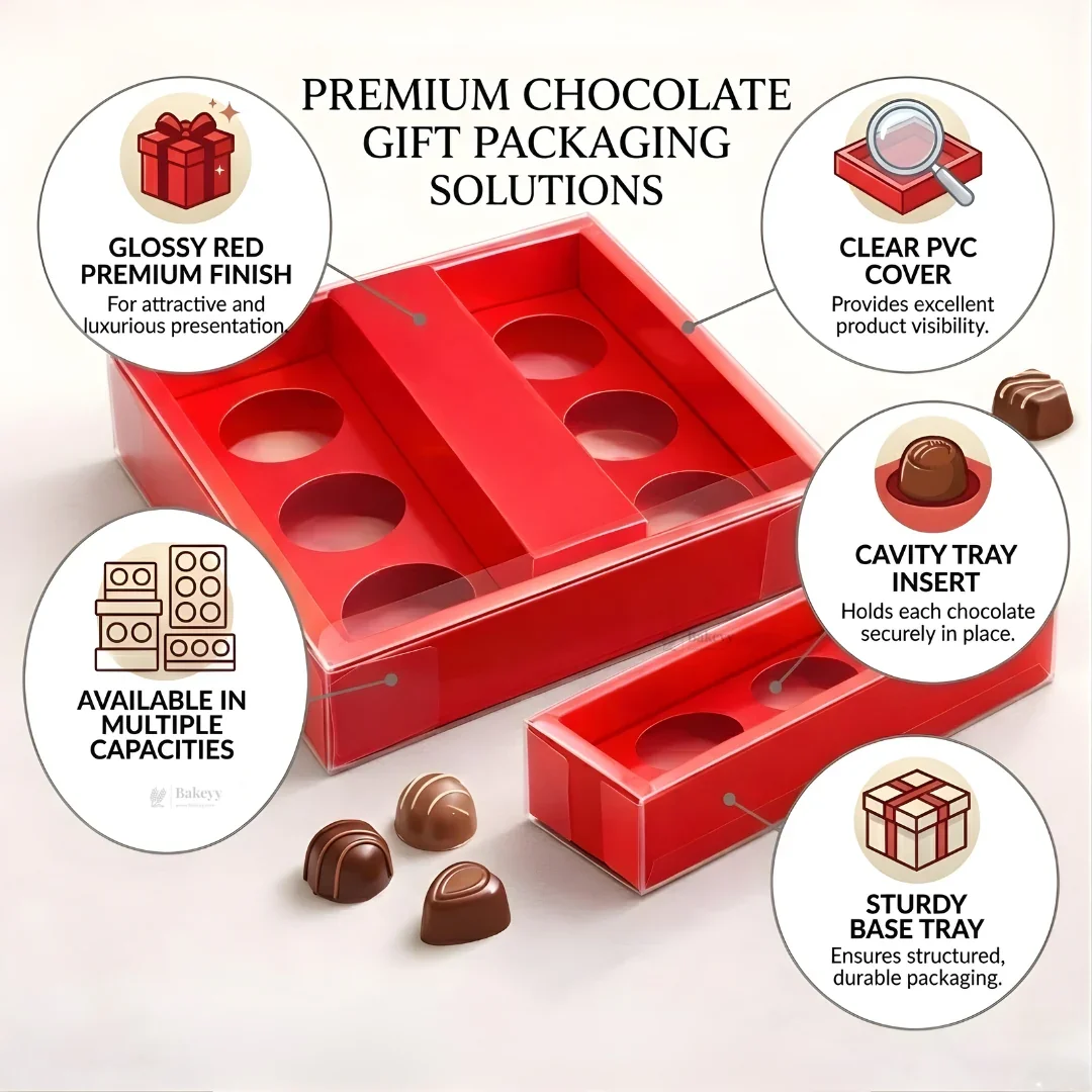 Chocolate Gift Box with PVC Cover & Cavity Tray | Red Color | Premium Chocolate Packaging Box | Multiple Capacities Available | Pack of 20 - Image 3
