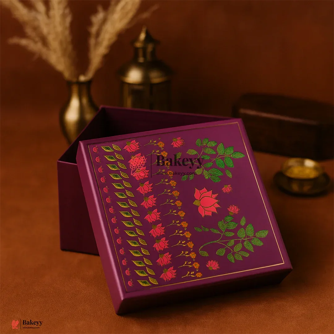 Floral Printed Premium Square Gift Box – Purple | Reusable Rigid Hamper Packaging | Pack Of 1 - Image 3