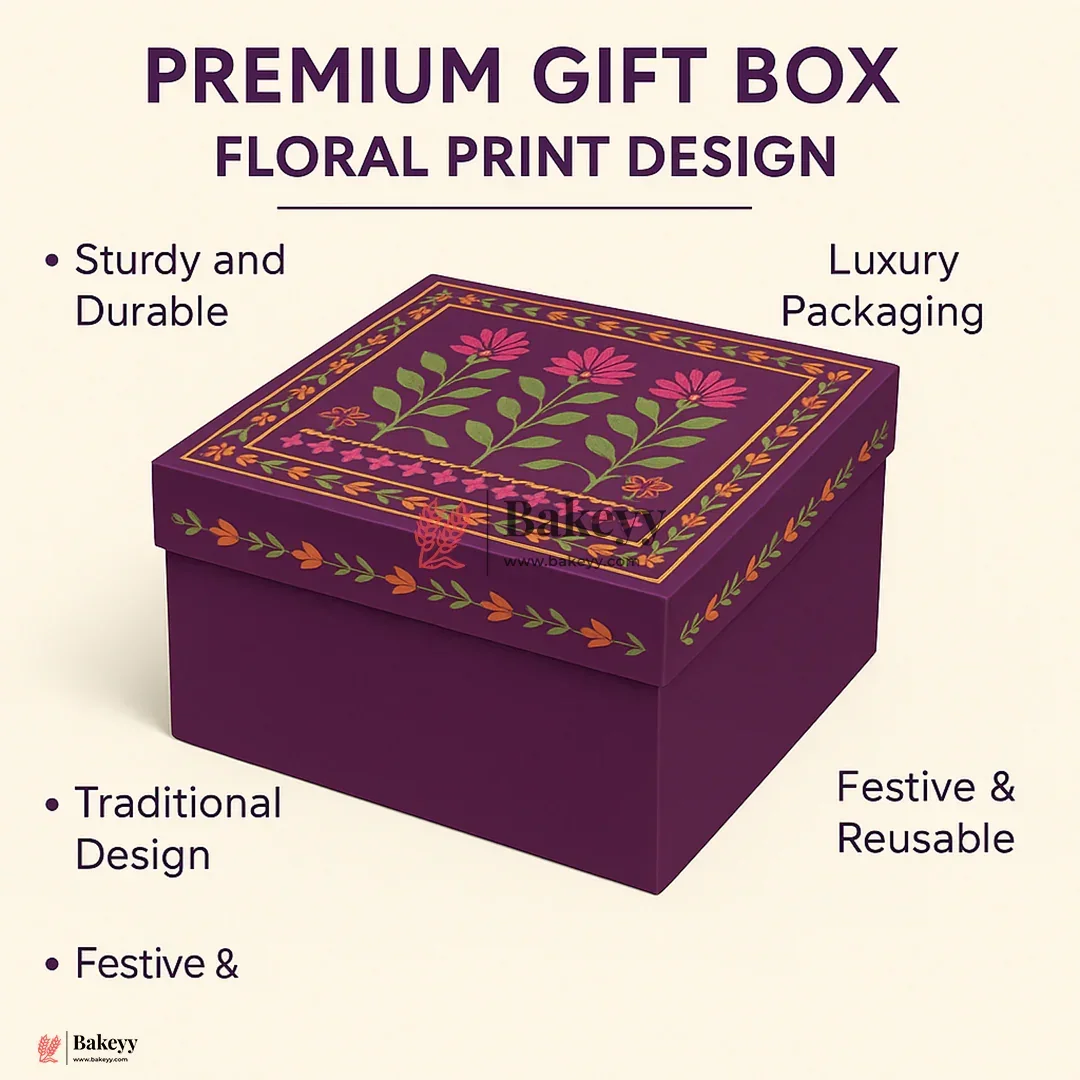 Floral Printed Premium Square Gift Box – Purple | Reusable Rigid Hamper Packaging | Pack Of 1 - Image 4