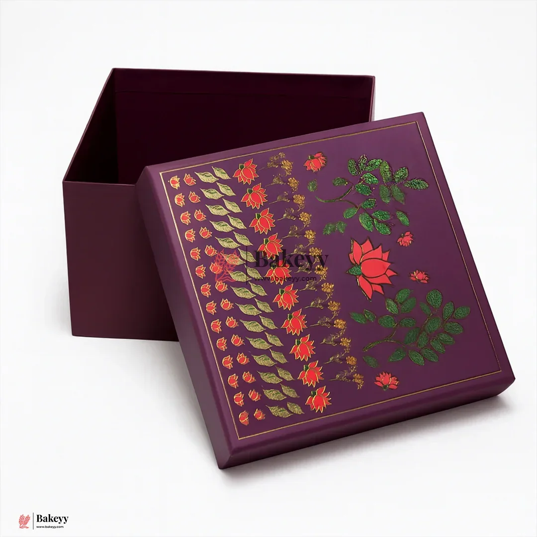 Floral Printed Premium Square Gift Box – Purple | Reusable Rigid Hamper Packaging | Pack Of 1 - Image 6