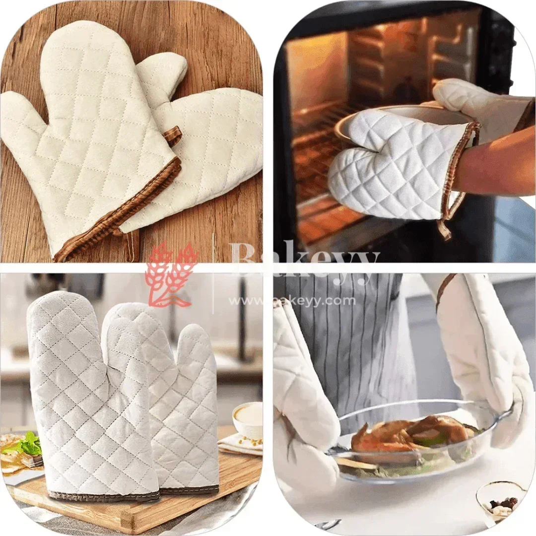 Cream Coated Cotton Fabric Heat-Resistant Oven Gloves for Baking & Kitchen Use - Image 3