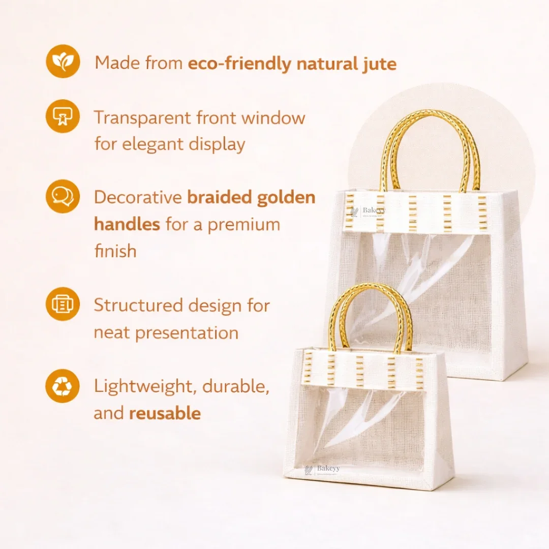 Cream Ethnic Jute Gift Bag with Transparent Front Window & Golden Handles | 2 Sizes Available | Pack of 1 - Image 4