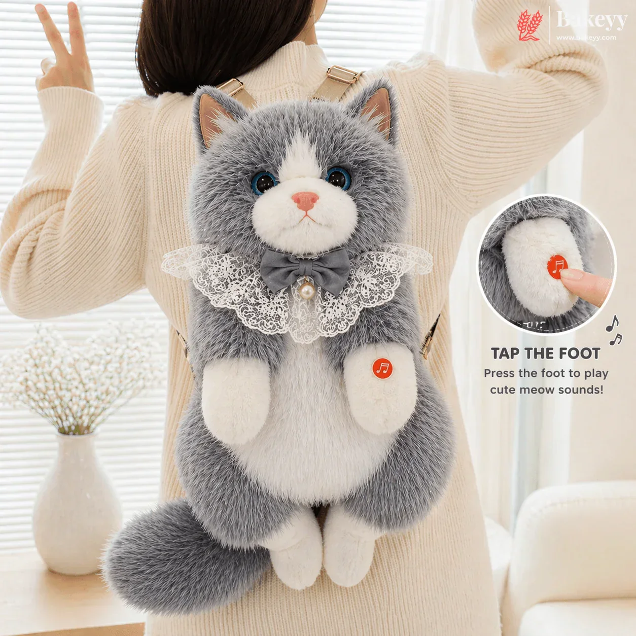 Cute Plush Cat Backpack | Meow Sound Interactive | Wearable Storage Soft Backpack Toy | Pack of 1 - Image 9