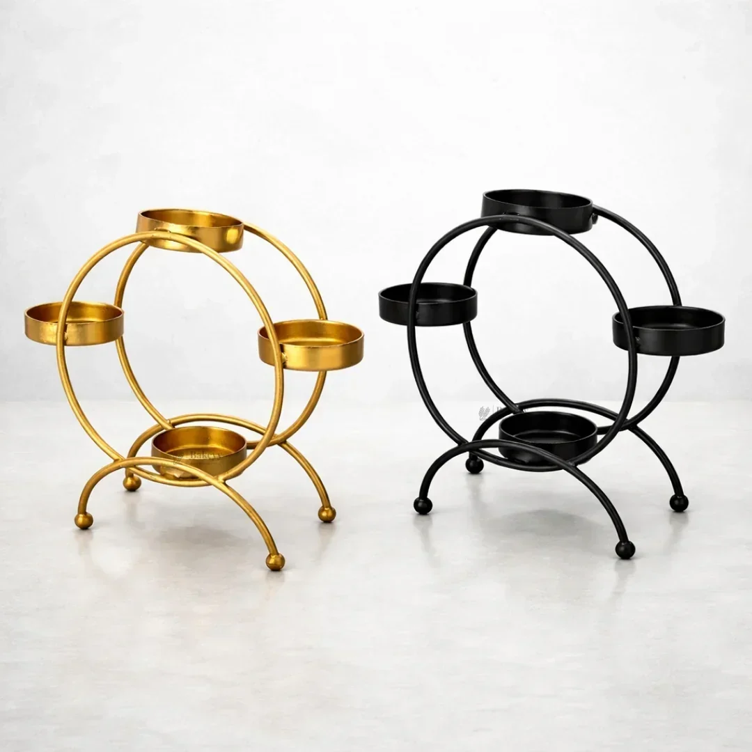 4-Cup Metal Diya Stand | Modern Round Ring Tea Light Holder for Diwali Decor | Pack of 1