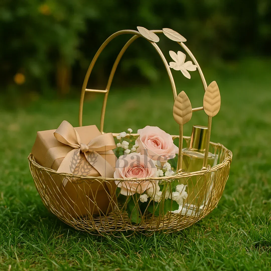Bucket Shape Round Gold Metal Basket with Flower Handle | Gifting and Decorative Purpose | 1 Piece - Image 3