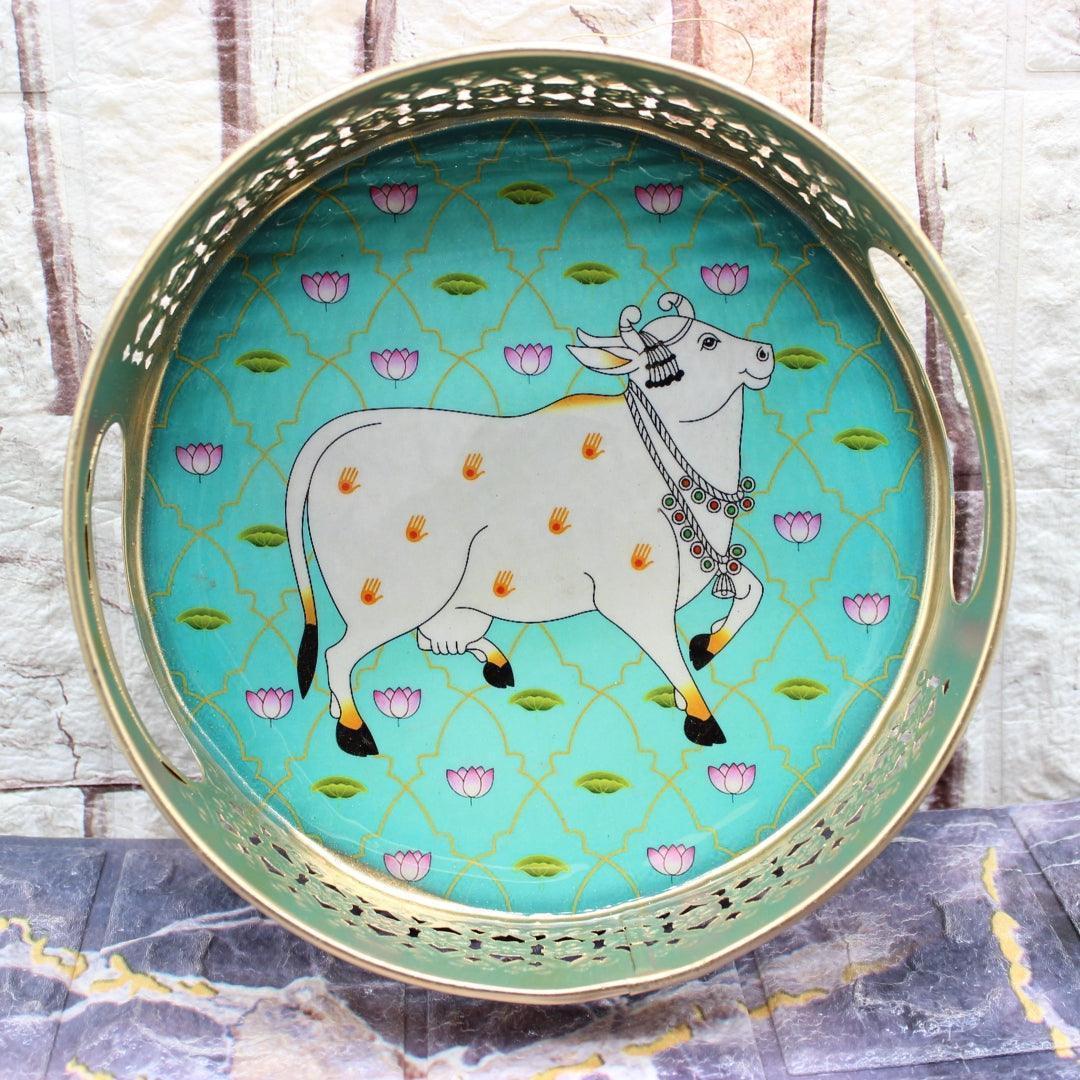 8 Inch | Decorative Round Gold Metal Hamper Basket For Gifting | Green Colour Mixed Prints - Image 3