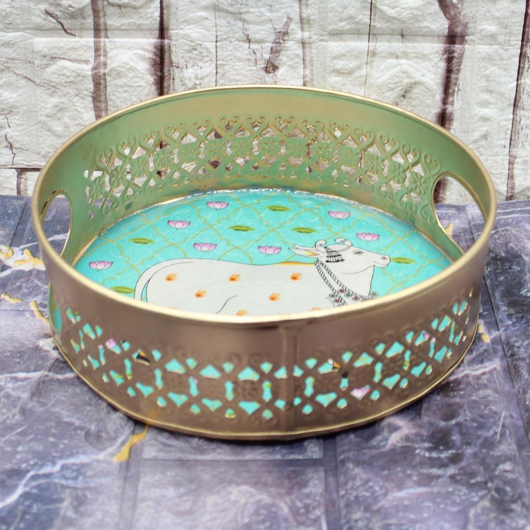 8 Inch | Decorative Round Gold Metal Hamper Basket For Gifting | Green Colour Mixed Prints - Image 5