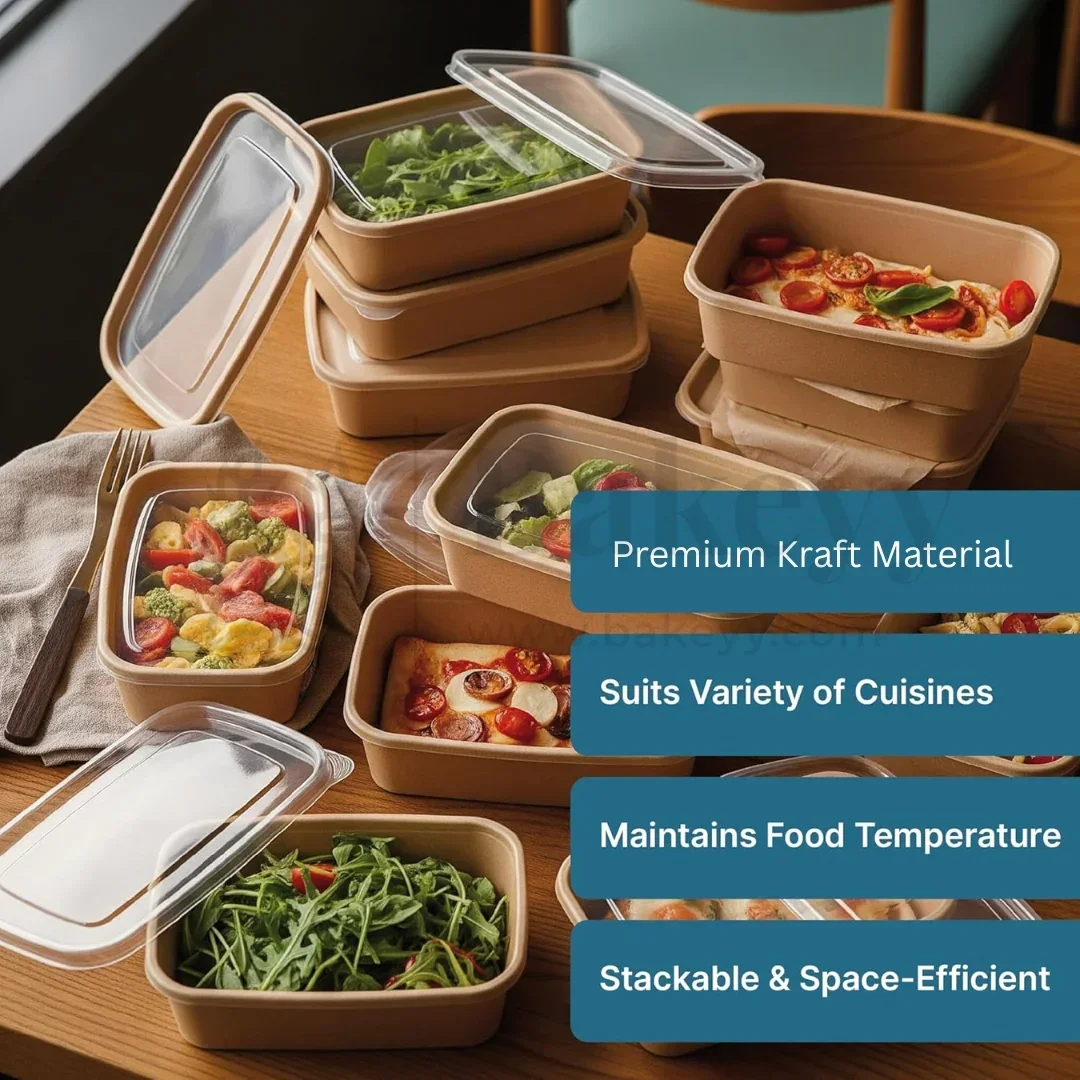 Disposable Rectangle Kraft Containers for Food With Lid | Pack of 50 | Useful for Brownie Bites, Salads and Meal Takeaway Box - Image 3