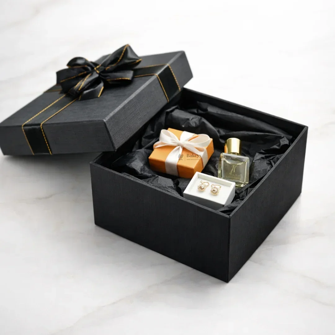 Elegant Black and Grey Gift Box with Gold Accent Ribbon | Premium Box With Ribbon | Multiple Size Options | Pack of 1 - Image 4