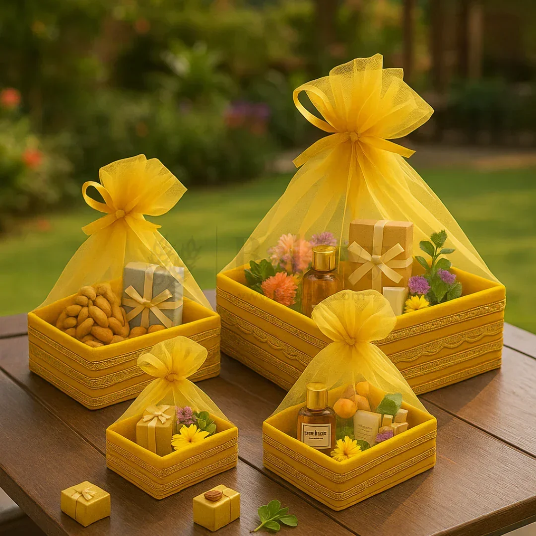 Yellow Net Hamper Basket & Ribbon Bow | Ideal for Wedding & Festive Hampers | Pack of 1