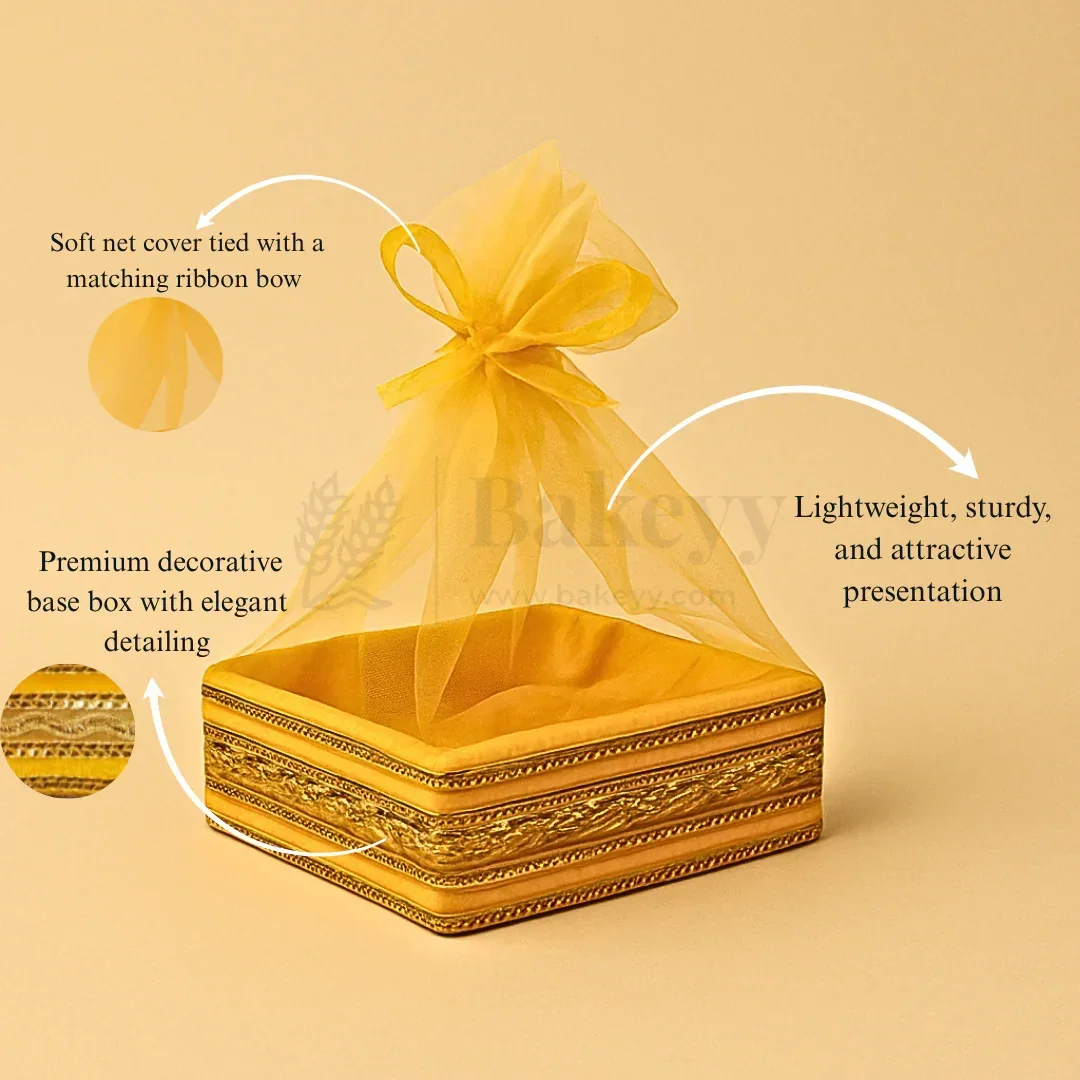 Yellow Net Hamper Basket & Ribbon Bow | Ideal for Wedding & Festive Hampers | Pack of 1 - Image 2