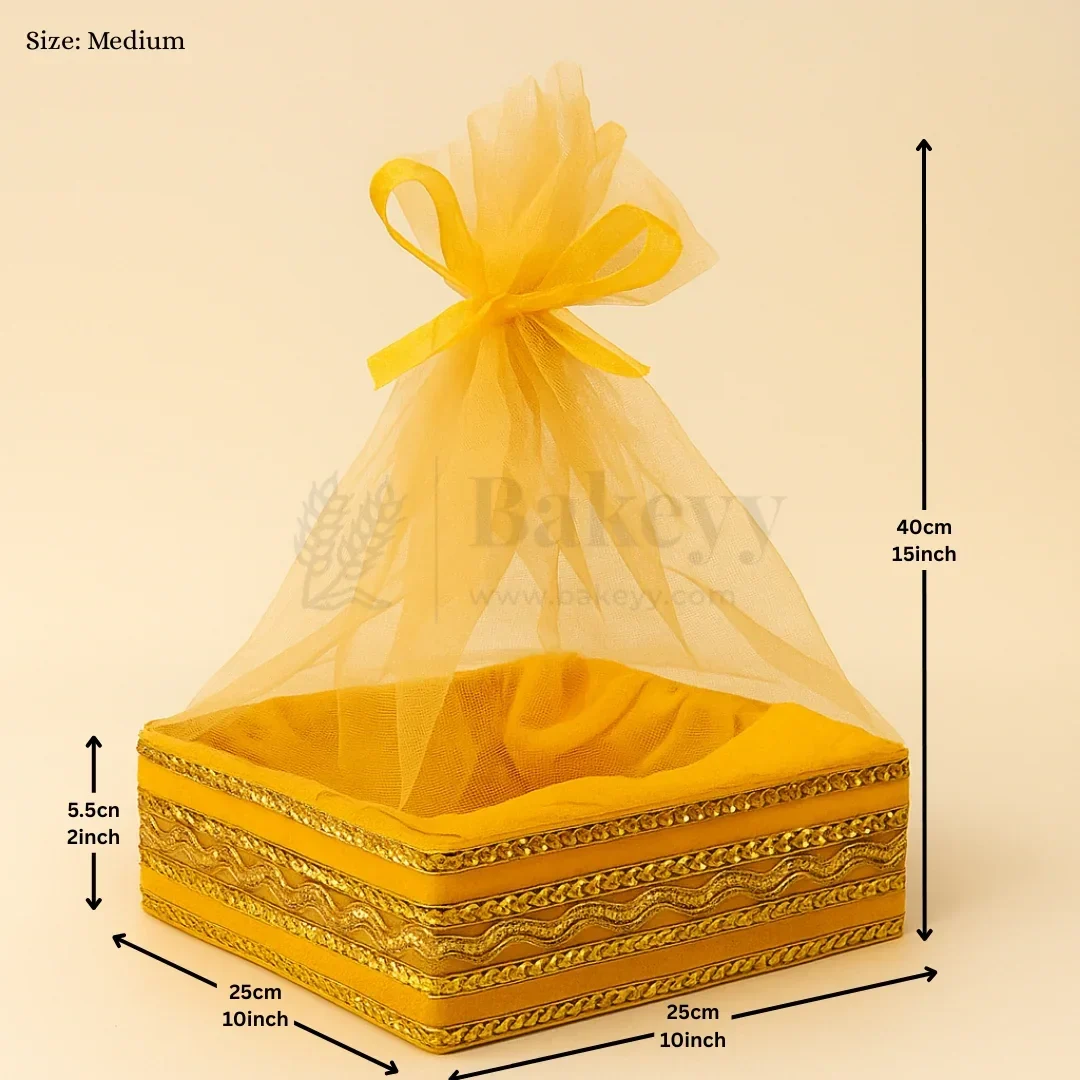 Yellow Net Hamper Basket & Ribbon Bow | Ideal for Wedding & Festive Hampers | Pack of 1 - Image 5
