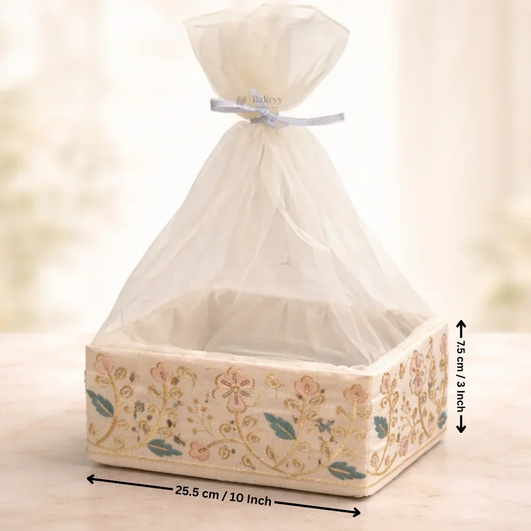 Elegant Square Fabric Gift Basket with Net Cover | Floral Embroidered Hamper Base for Luxury Gifting With Matching Ribbon | Pack of 1 - Image 6