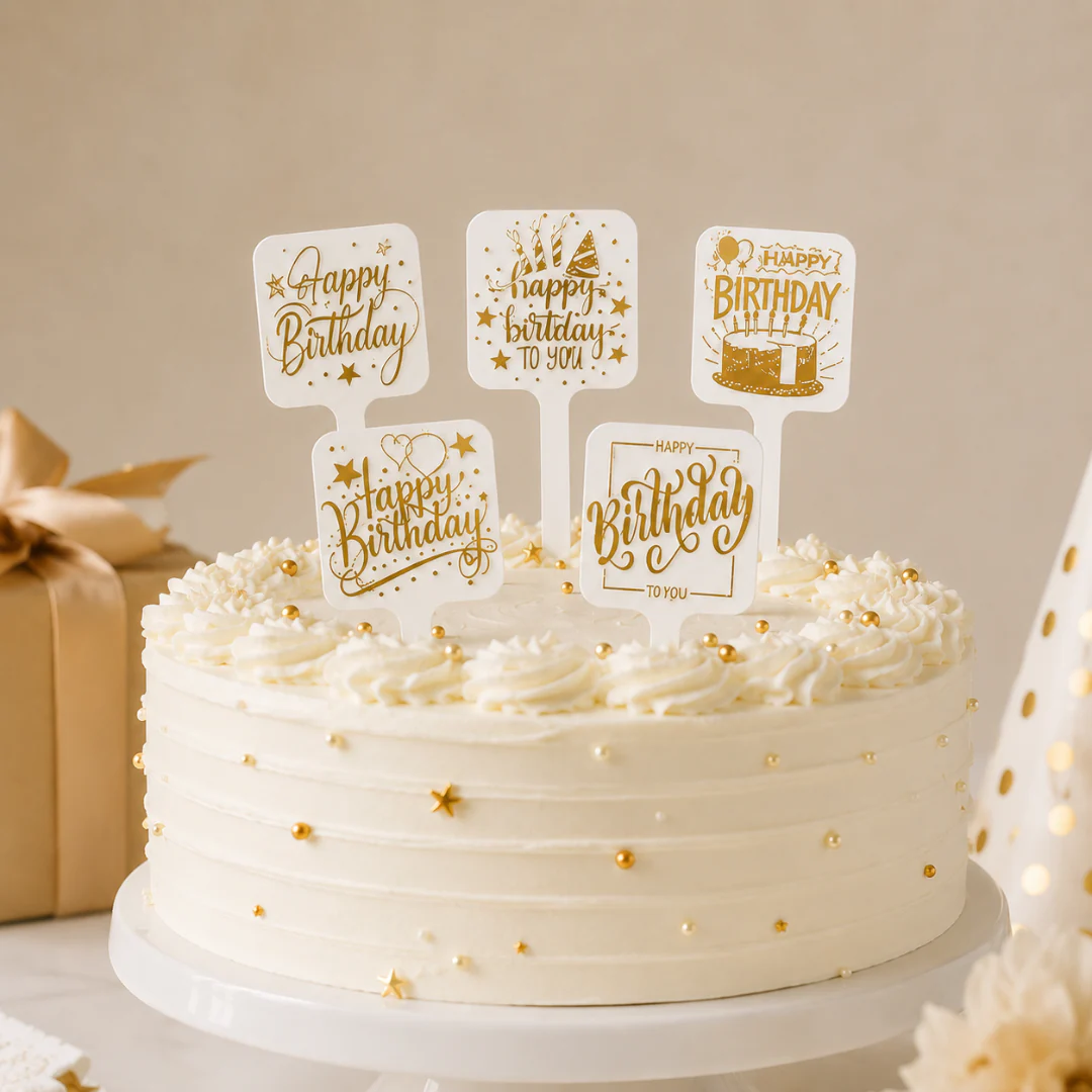 Elegant White & Gold Happy Birthday Paper Cake Topper | Premium Birthday Cake Decoration | Pack of 100 - Image 3
