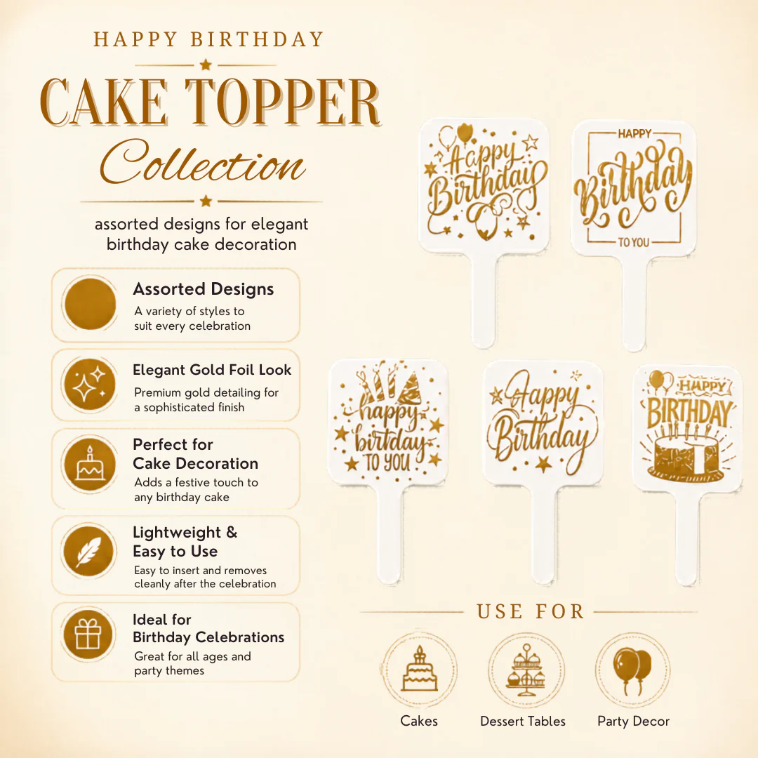 Elegant White & Gold Happy Birthday Paper Cake Topper | Premium Birthday Cake Decoration | Pack of 100 - Image 4