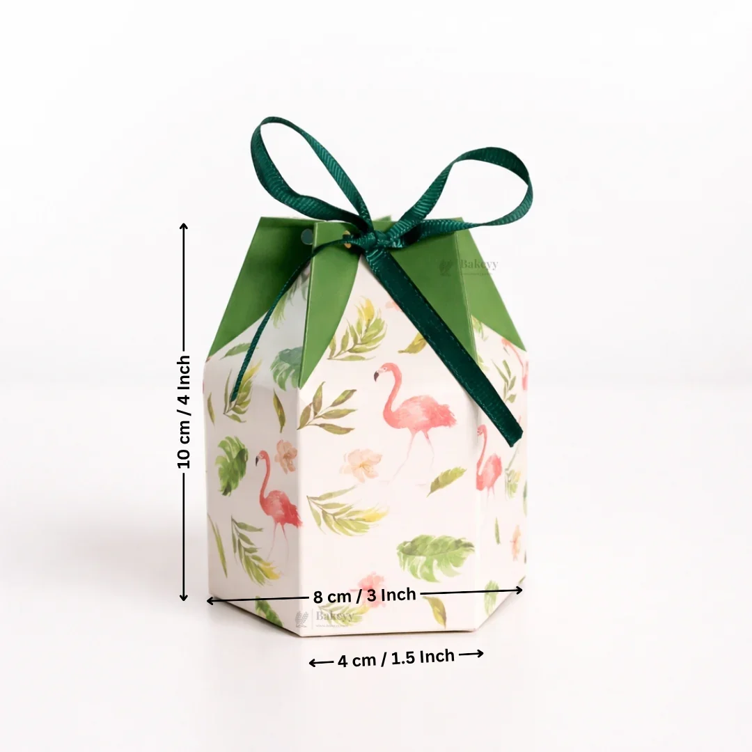 Flamingo Tropical Print Hexagon Goodie Box with Ribbon Tie | Decorative Favor Box | Pack of 10 - Image 3