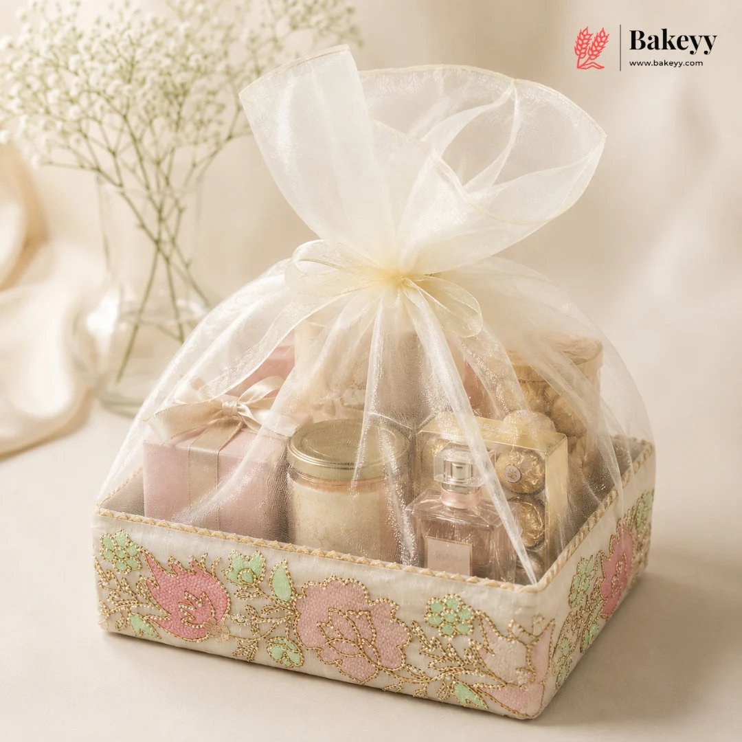 Floral Decorative Gift Hamper Basket with Net Cover Luxury Gifting With Matching Ribbon | Pack of 1 - Image 4