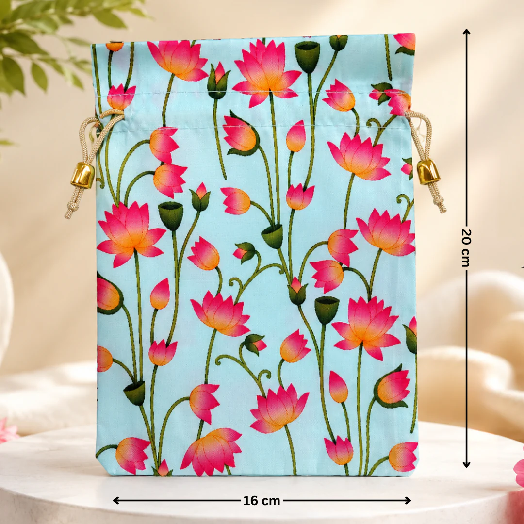 Floral Fabric Potli Bag with Bell | Multiple Designs Drawstring Gift Pouch | Pack of 10 - Image 10
