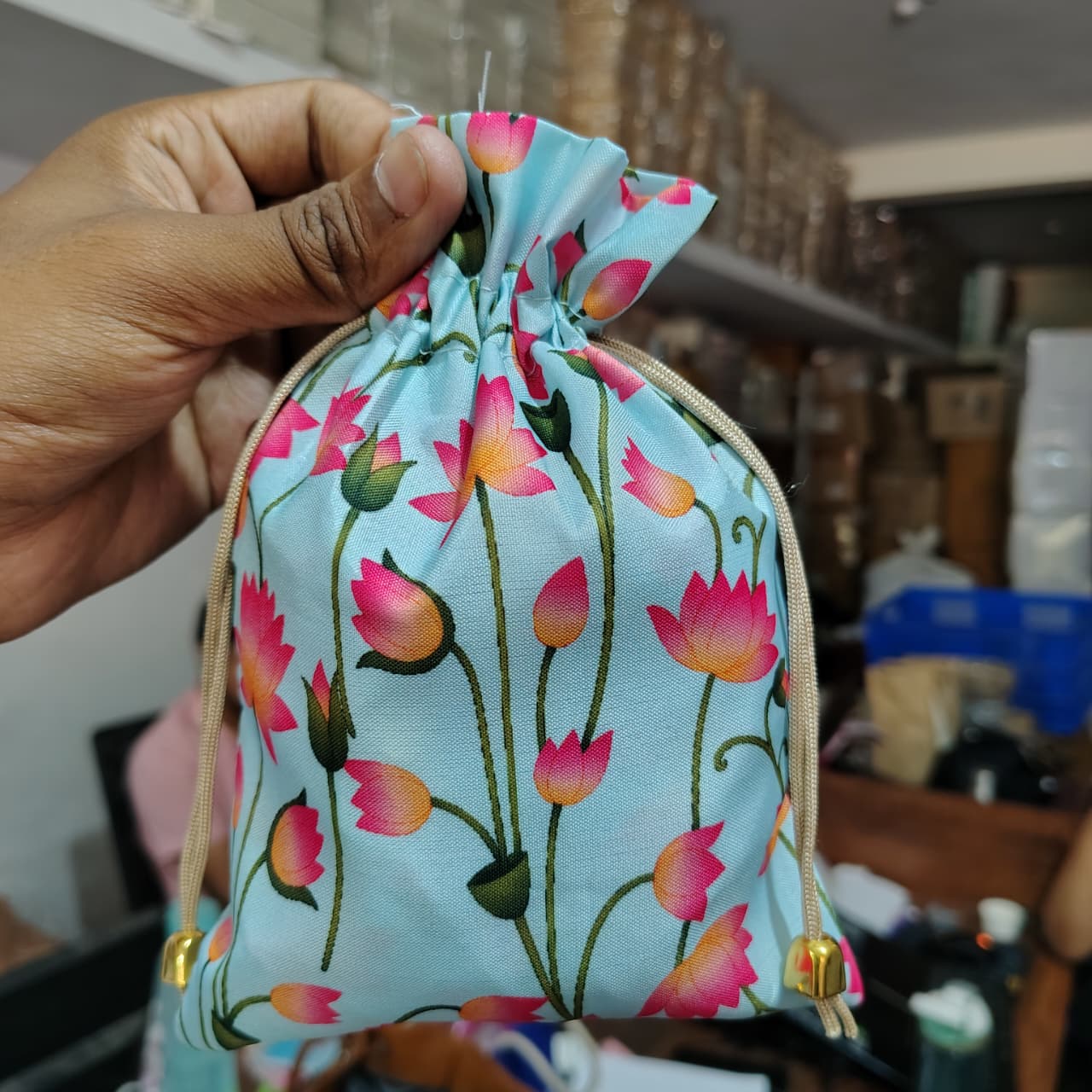Floral Fabric Potli Bag with Bell | Multiple Designs Drawstring Gift Pouch | Pack of 10 - Image 11