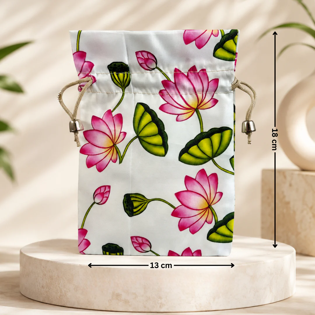 Floral Fabric Potli Bag with Bell | Multiple Designs Drawstring Gift Pouch | Pack of 10 - Image 12