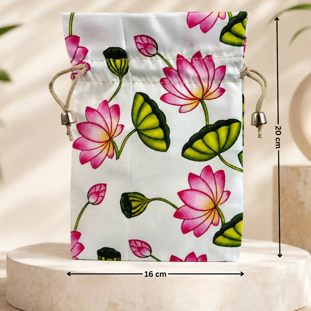 Floral Fabric Potli Bag with Bell | Multiple Designs Drawstring Gift Pouch | Pack of 10 - Image 13