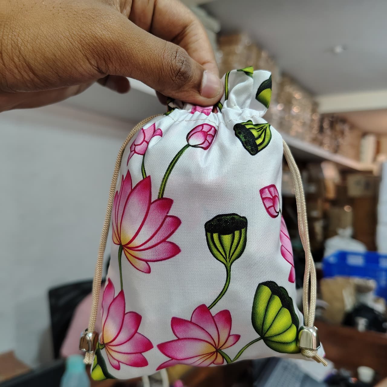 Floral Fabric Potli Bag with Bell | Multiple Designs Drawstring Gift Pouch | Pack of 10 - Image 14
