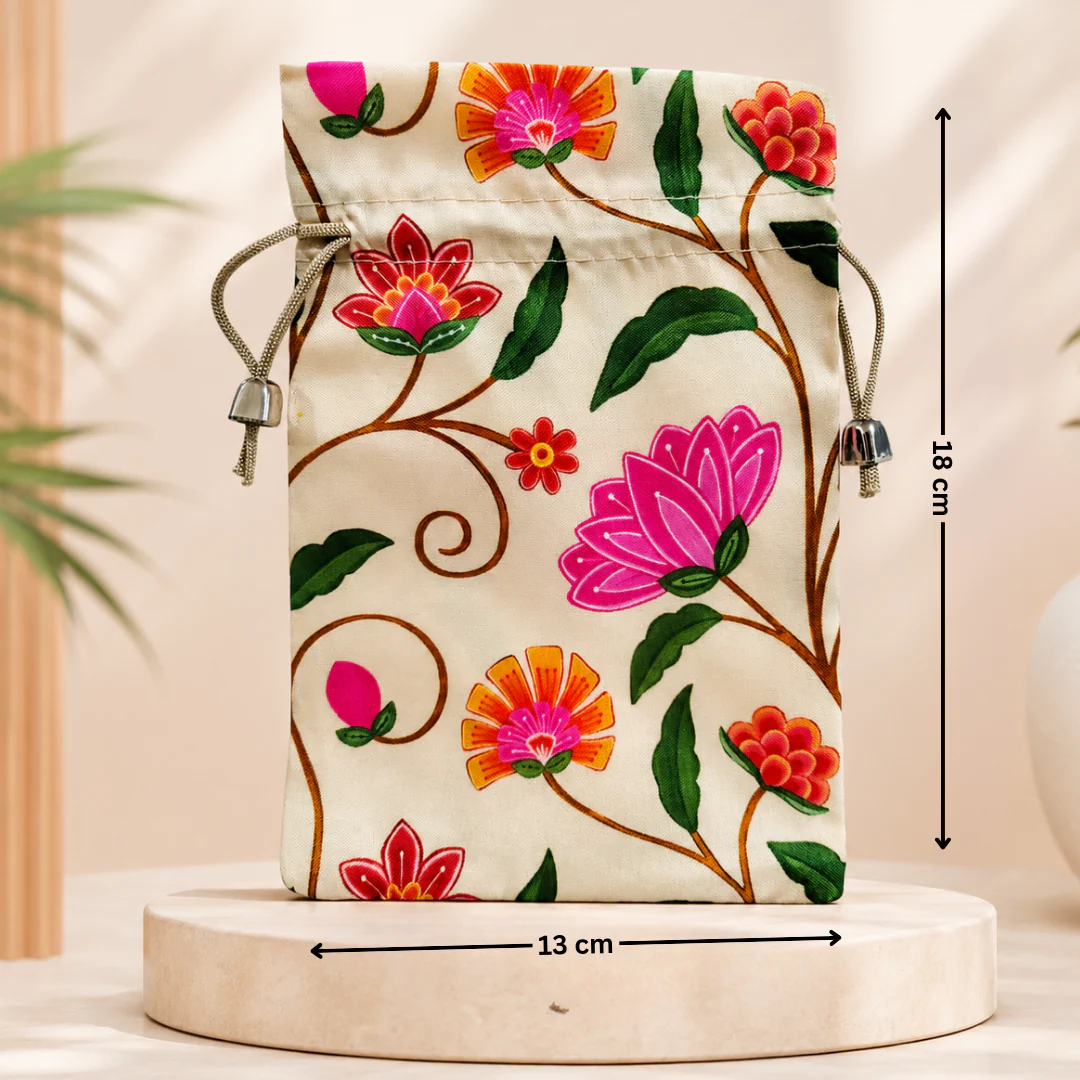 Floral Fabric Potli Bag with Bell | Multiple Designs Drawstring Gift Pouch | Pack of 10 - Image 15