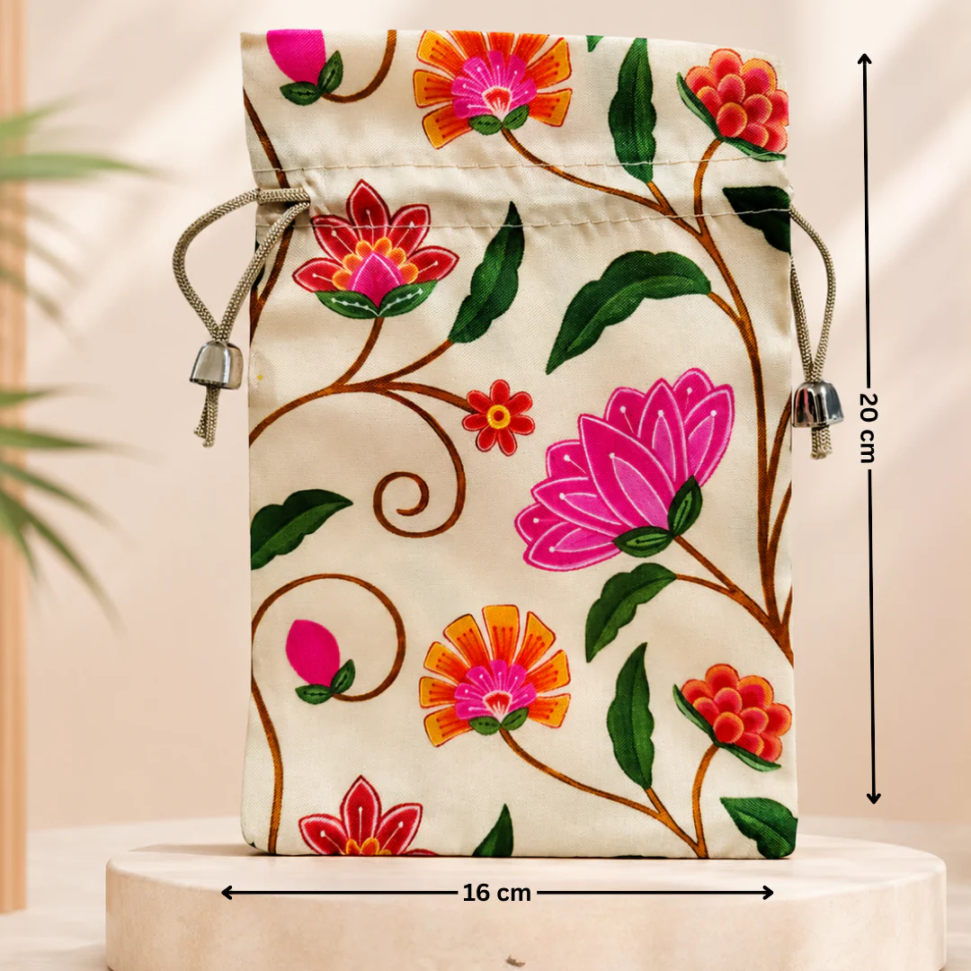Floral Fabric Potli Bag with Bell | Multiple Designs Drawstring Gift Pouch | Pack of 10 - Image 16