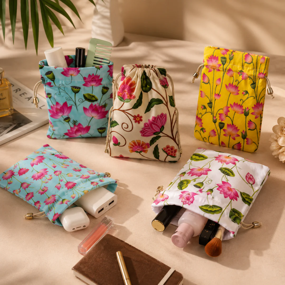 Floral Fabric Potli Bag with Bell | Multiple Designs Drawstring Gift Pouch | Pack of 10 - Image 18