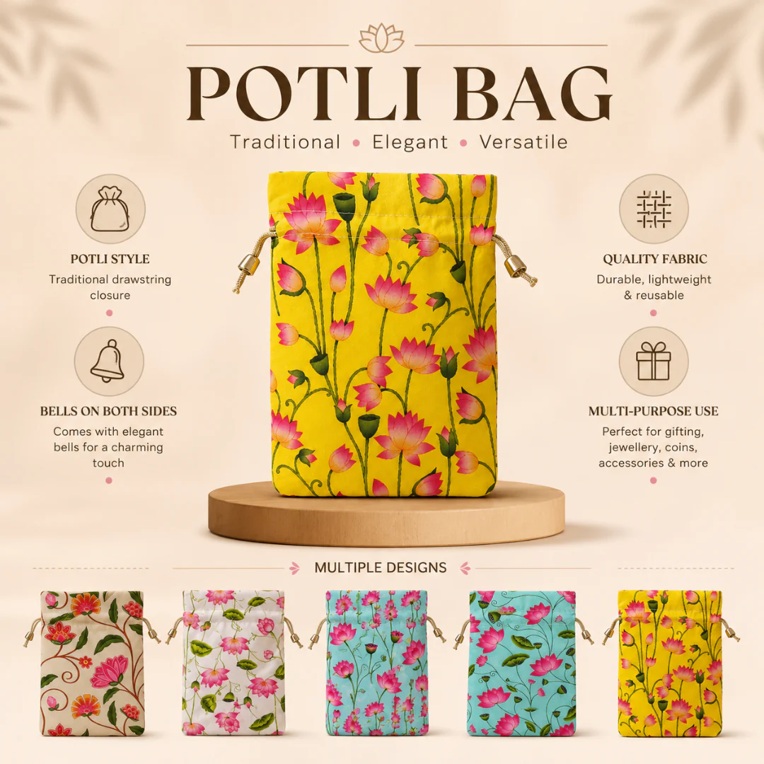 Floral Fabric Potli Bag with Bell | Multiple Designs Drawstring Gift Pouch | Pack of 10 - Image 19
