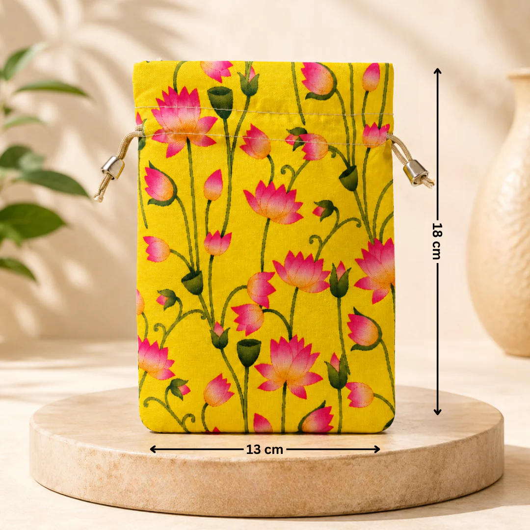 Floral Fabric Potli Bag with Bell | Multiple Designs Drawstring Gift Pouch | Pack of 10 - Image 3