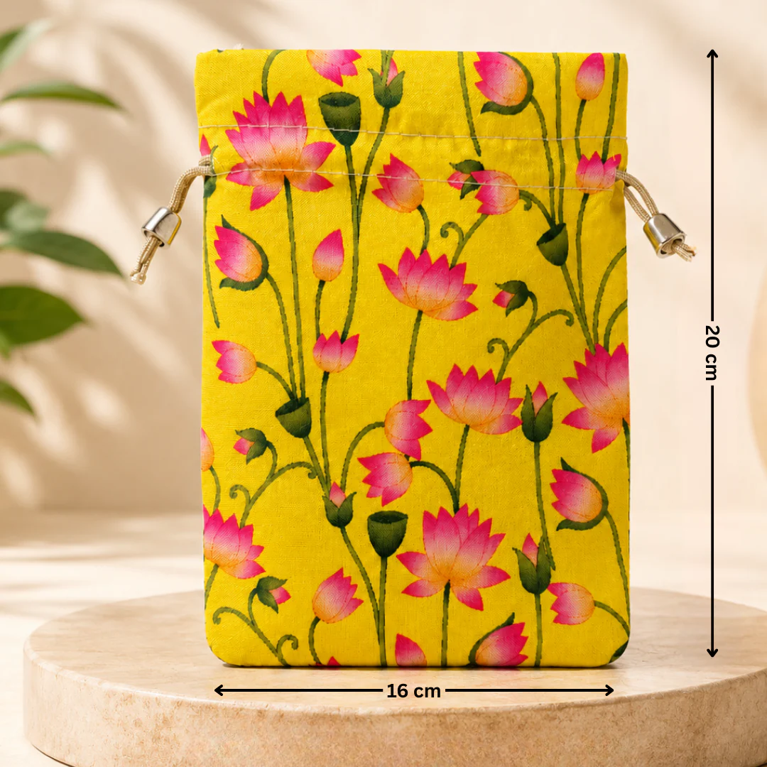 Floral Fabric Potli Bag with Bell | Multiple Designs Drawstring Gift Pouch | Pack of 10 - Image 4