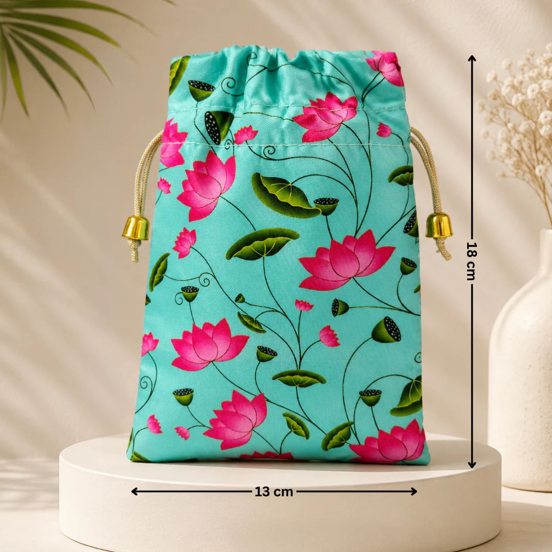 Floral Fabric Potli Bag with Bell | Multiple Designs Drawstring Gift Pouch | Pack of 10 - Image 6