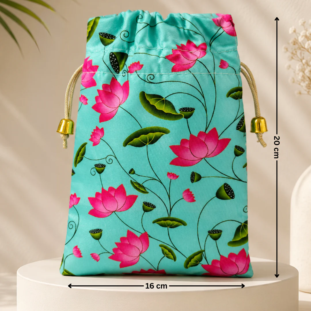 Floral Fabric Potli Bag with Bell | Multiple Designs Drawstring Gift Pouch | Pack of 10 - Image 7