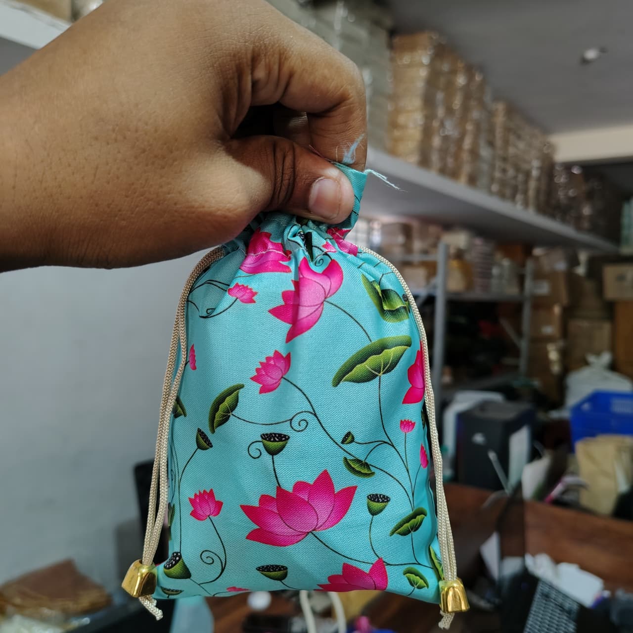 Floral Fabric Potli Bag with Bell | Multiple Designs Drawstring Gift Pouch | Pack of 10 - Image 8