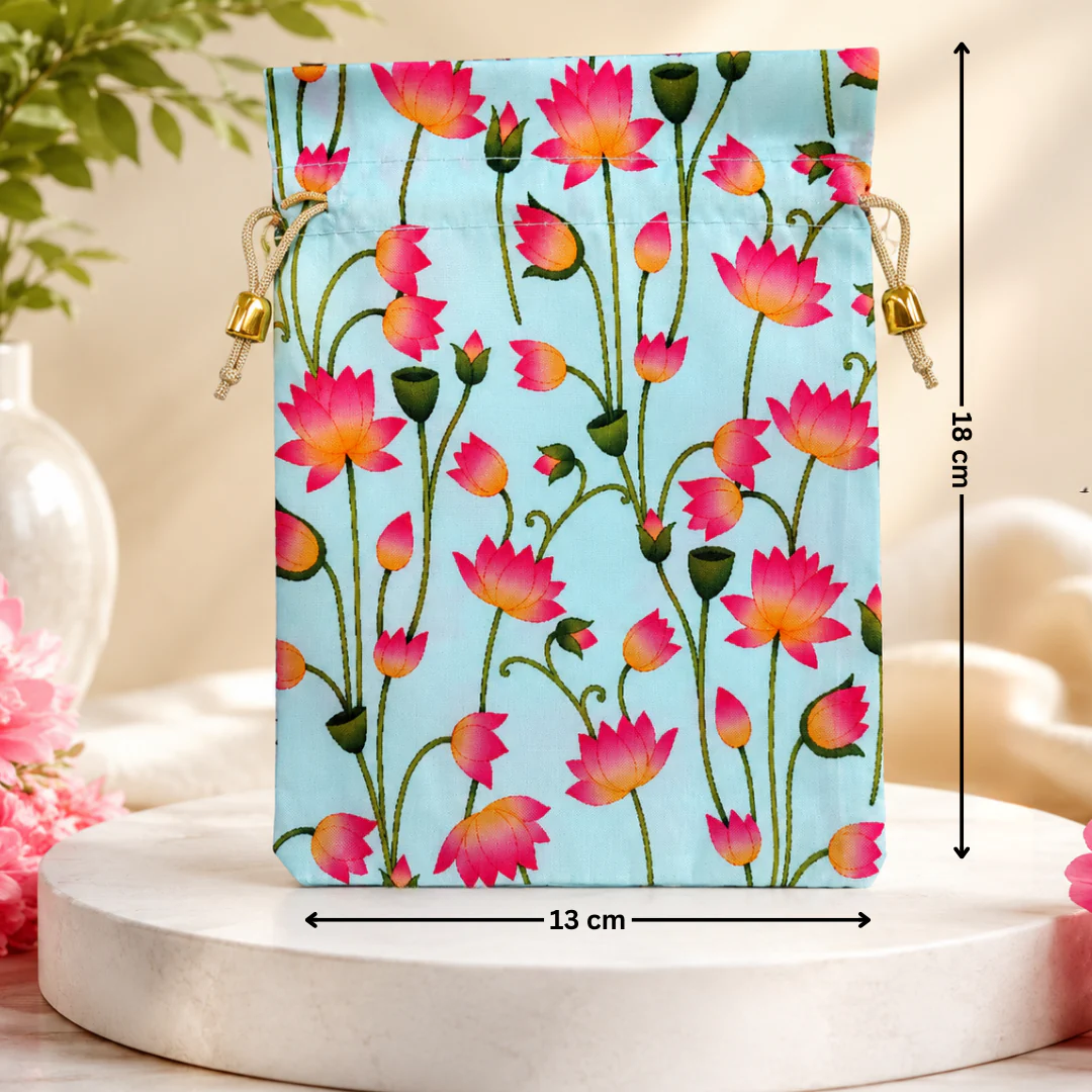 Floral Fabric Potli Bag with Bell | Multiple Designs Drawstring Gift Pouch | Pack of 10 - Image 9