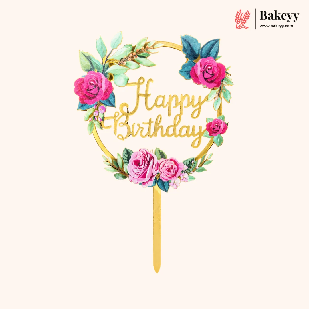 Floral Happy Birthday Cake Topper | Gold Finish Assorted Birthday Cake Decoration | Pack of 5 - Image 10