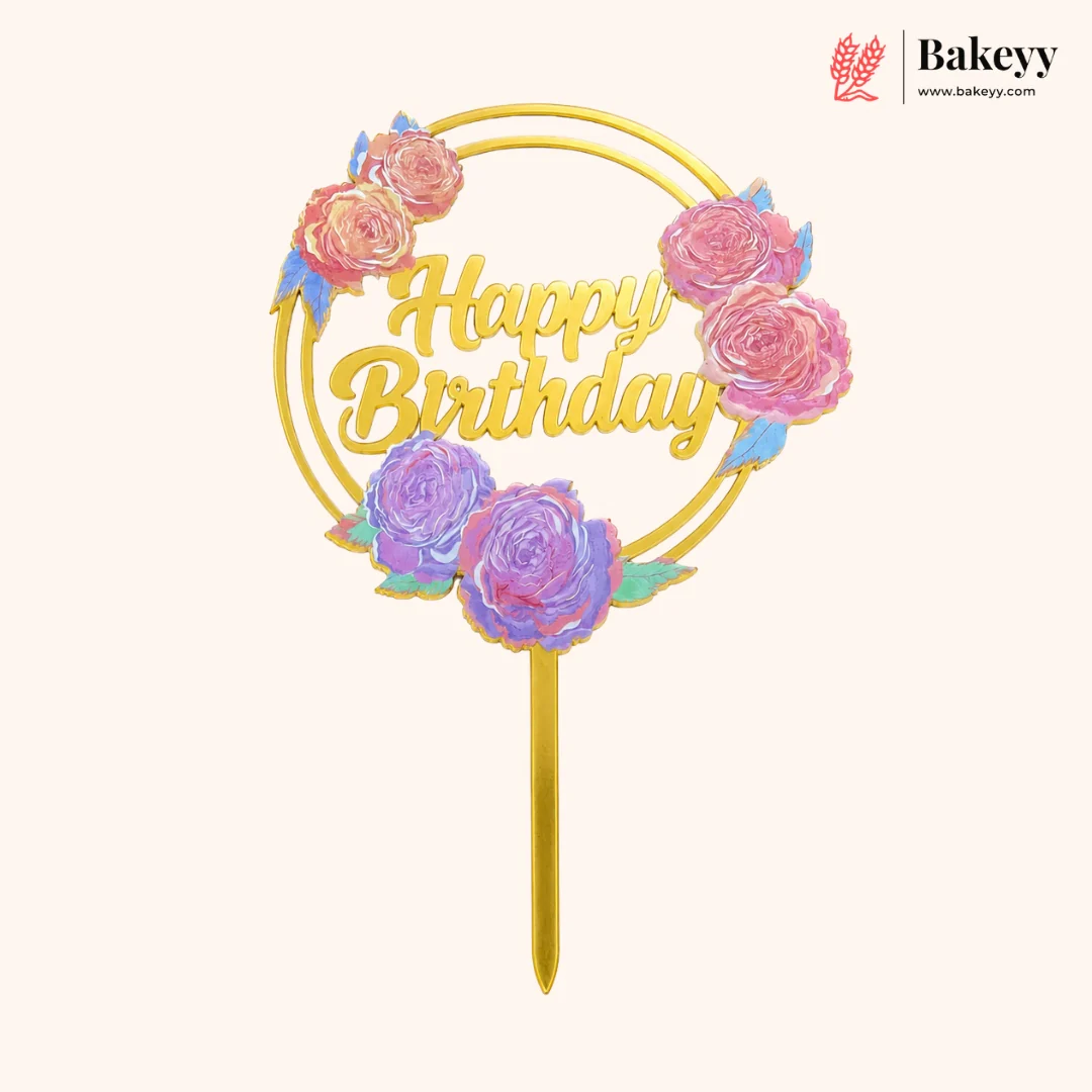 Floral Happy Birthday Cake Topper | Gold Finish Assorted Birthday Cake Decoration | Pack of 5 - Image 11