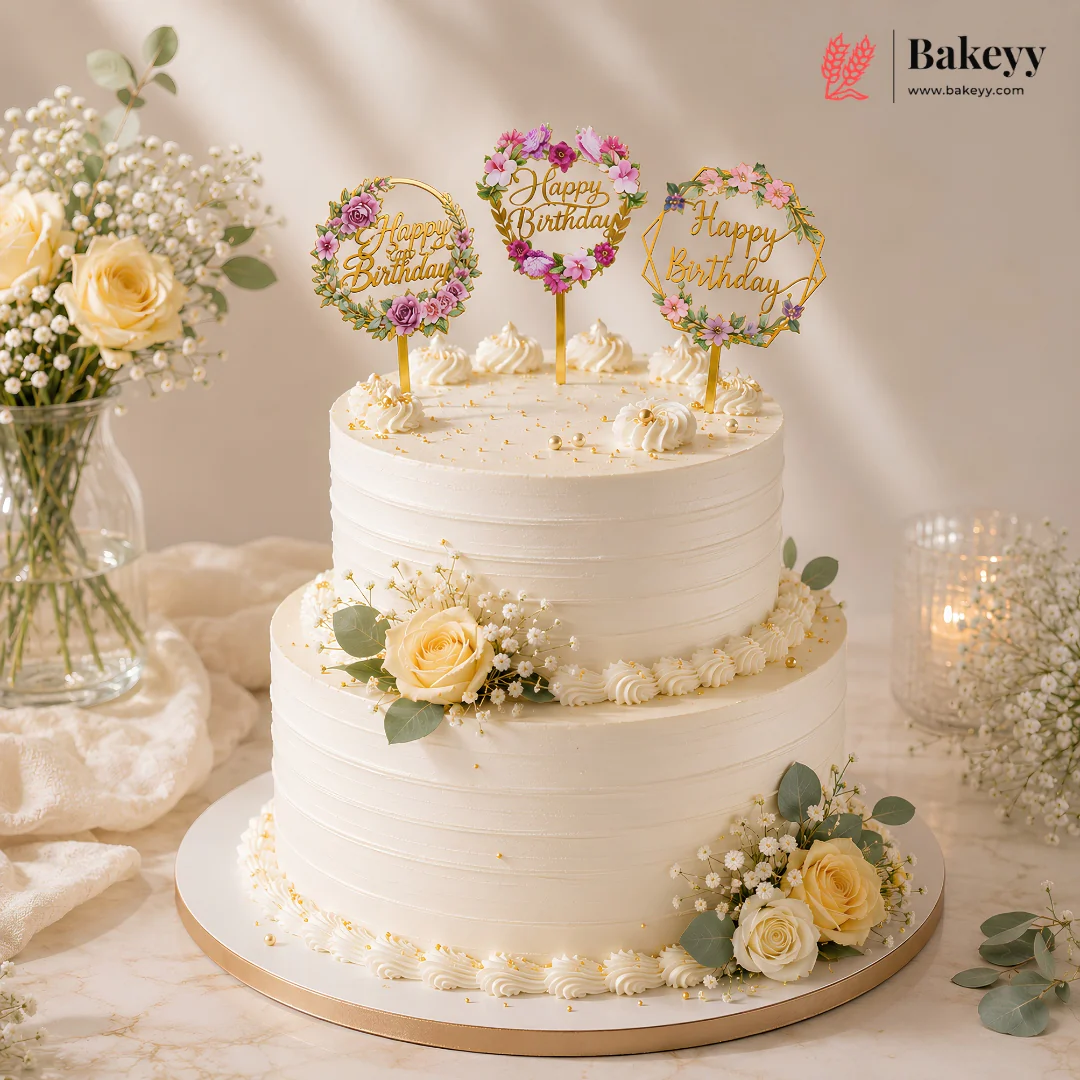 Floral Happy Birthday Cake Topper | Gold Finish Assorted Birthday Cake Decoration | Pack of 5 - Image 3