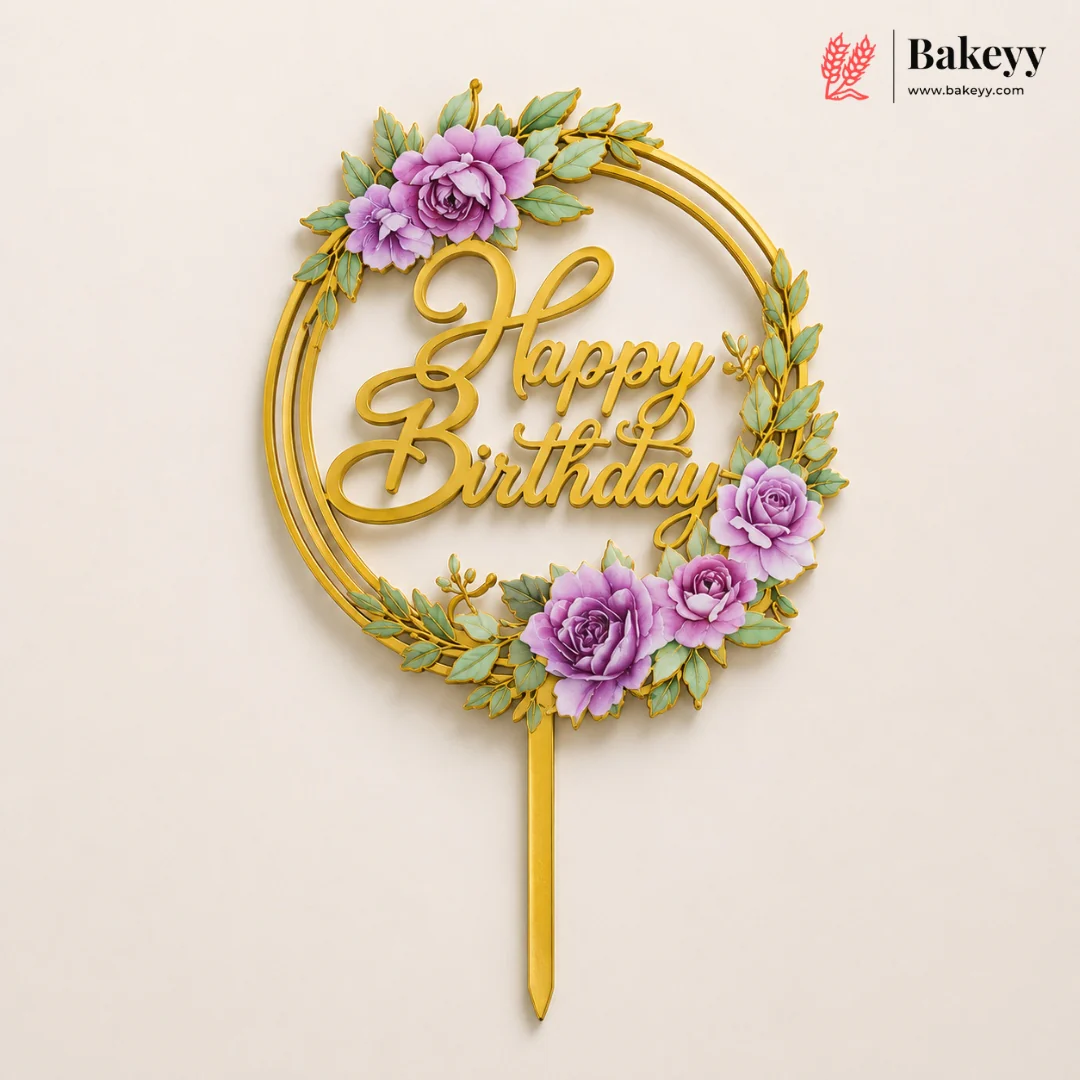 Floral Happy Birthday Cake Topper | Gold Finish Assorted Birthday Cake Decoration | Pack of 5 - Image 4