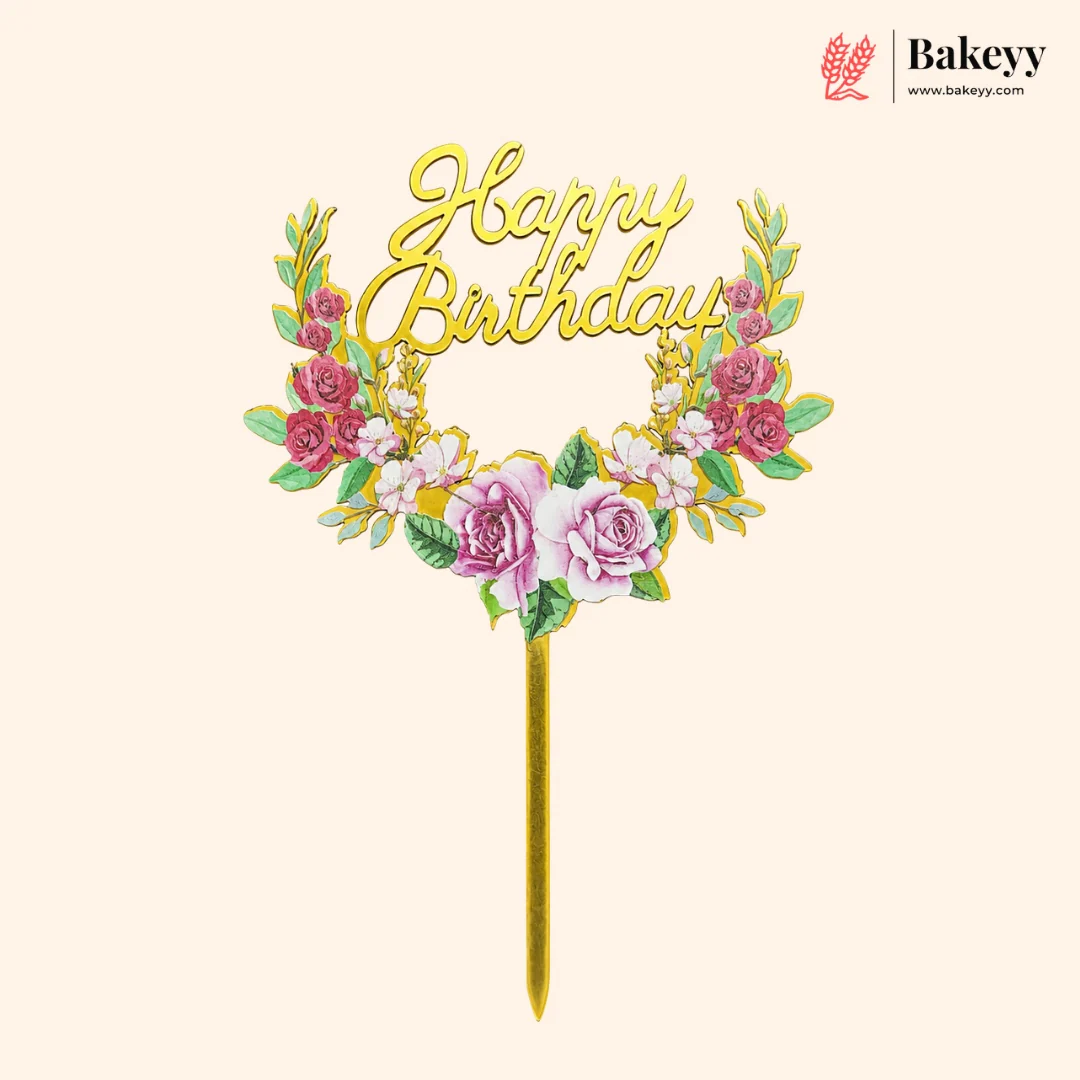 Floral Happy Birthday Cake Topper | Gold Finish Assorted Birthday Cake Decoration | Pack of 5 - Image 5