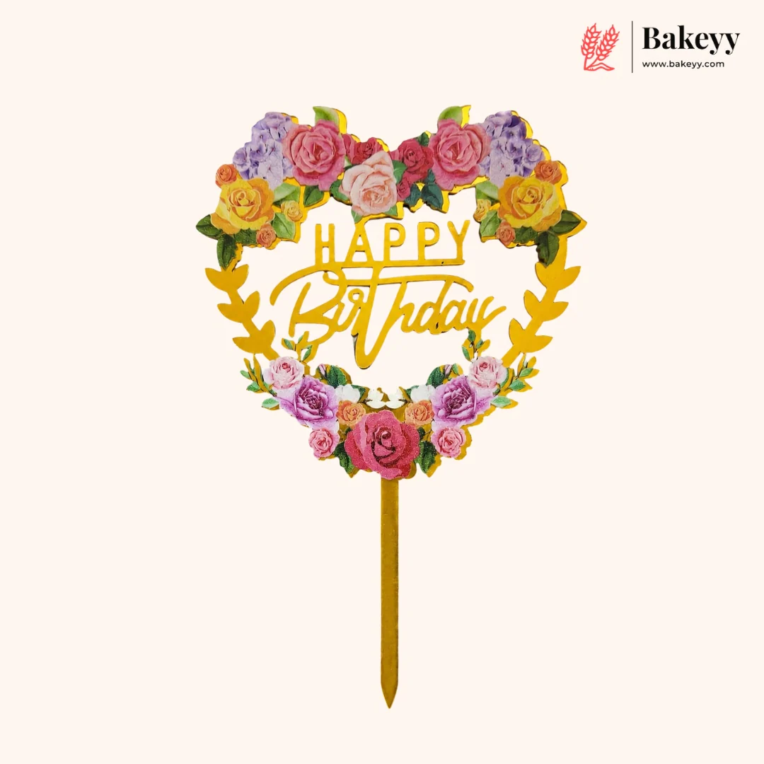 Floral Happy Birthday Cake Topper | Gold Finish Assorted Birthday Cake Decoration | Pack of 5 - Image 6