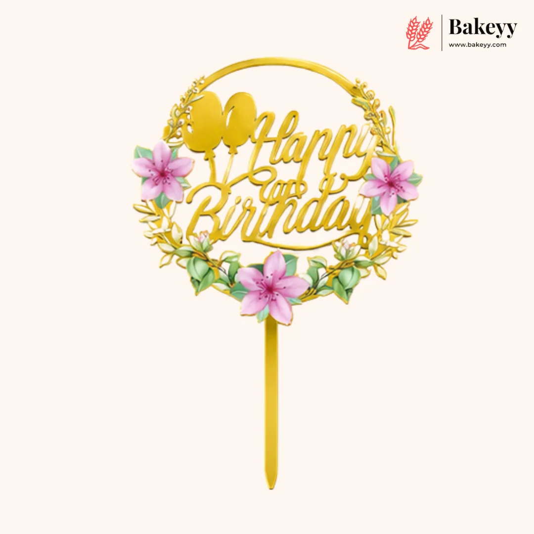 Floral Happy Birthday Cake Topper | Gold Finish Assorted Birthday Cake Decoration | Pack of 5 - Image 7