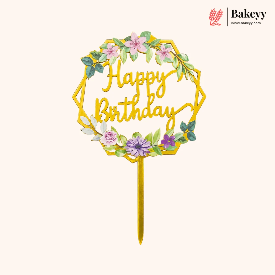 Floral Happy Birthday Cake Topper | Gold Finish Assorted Birthday Cake Decoration | Pack of 5 - Image 8